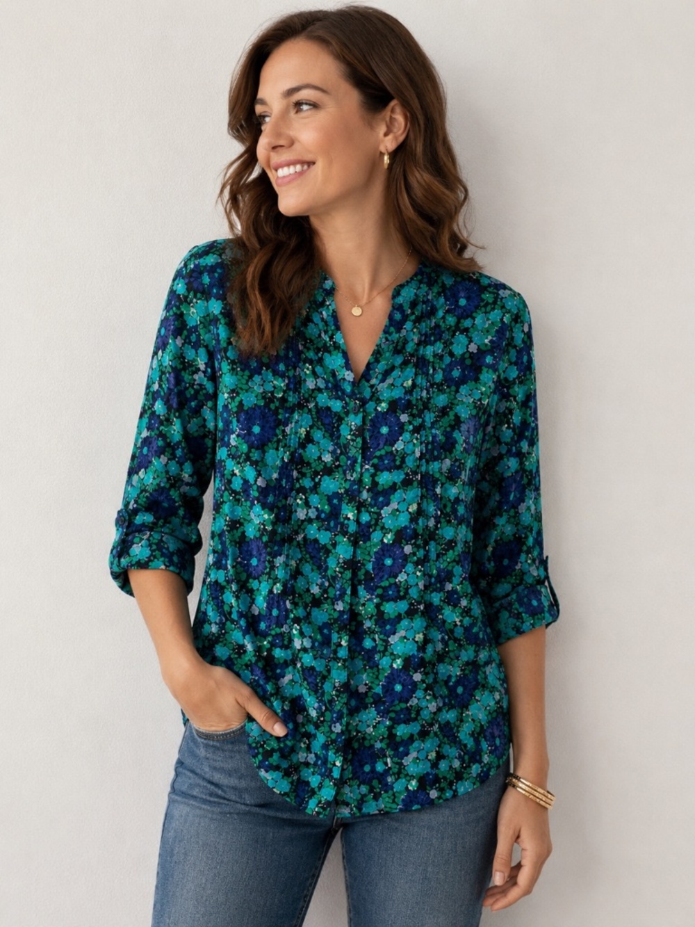 Liz Claiborne Floral Button Down Blouse XS Navy Teal Roll Tab Relaxed Fit